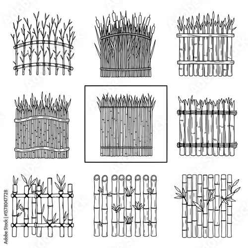 Set of decorative bamboo fences with various styles and patterns