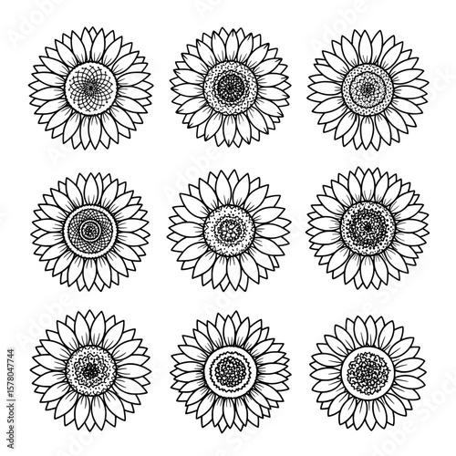 Pattern of sunflower blooms with detailed centers and petal outlines