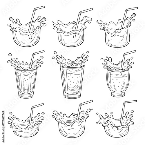 Set of nine splash and glass with straw line art illustrations