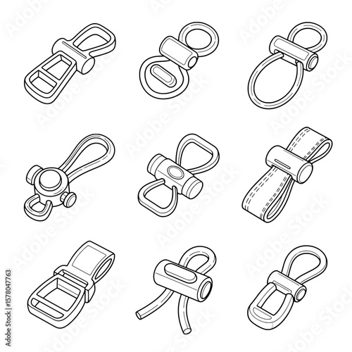 Set of different types of adjustable straps and buckles