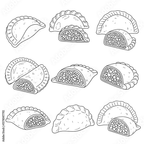 Set of gyoza dumplings with detailed filling and wrapper