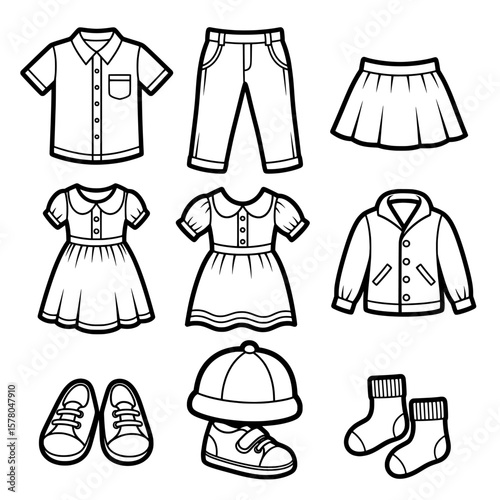 Children's clothing items including shirts, skirts, pants, shoes, and accessories