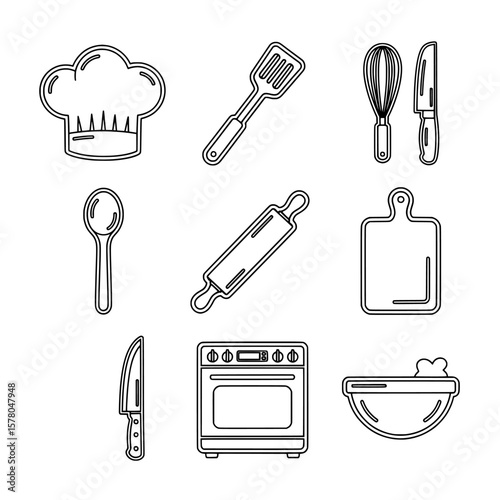 Kitchen utensils and cooking tools outline set for culinary projects