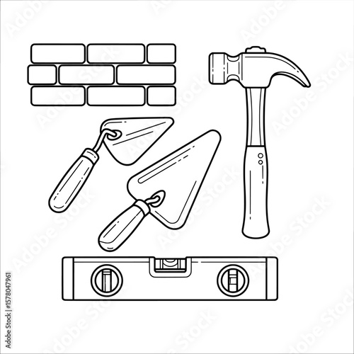 Hand tools with brick wall and level for construction and home improvement