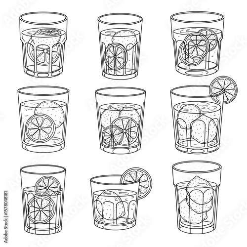 Series of citrus drinks in clear glasses with lemon and orange slices