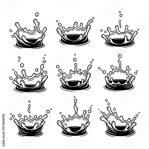 Set of nine splash water droplets in black outline style