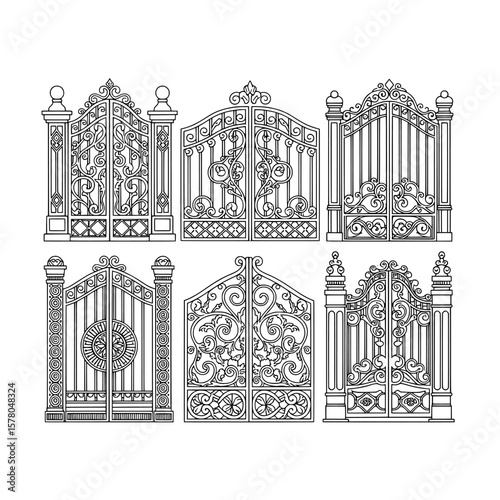 Set of ornate wrought iron gates with intricate scrollwork and decorative elements