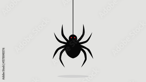 Black spider illustration with red eyes hanging from a thread against a light background