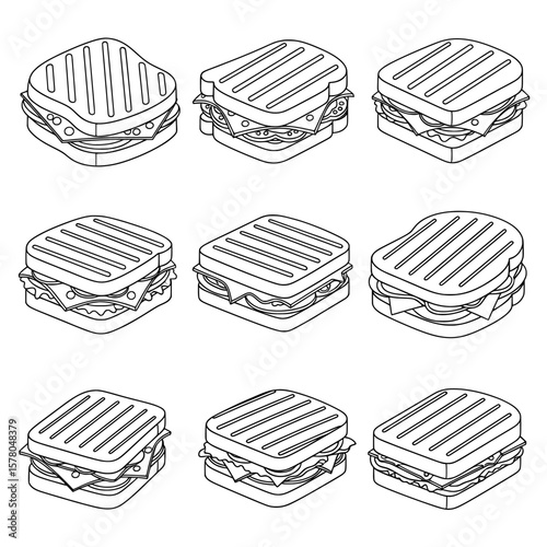 Line art set of grilled sandwich with fillings displayed in different angles