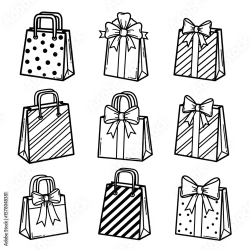 Set of gift bags with bows and patterns for festive occasions