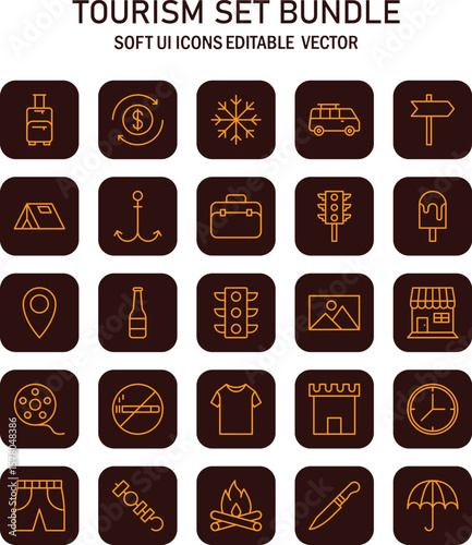 Comprehensive tourism icon set in brown tones, showcasing travel and exploration elements with soft ui and editable