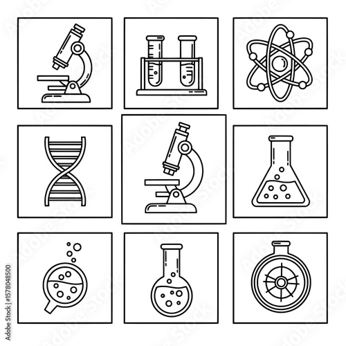 scientific laboratory equipment set with microscopes test tubes and beakers