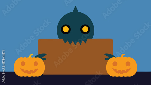 Cartoon halloween illustration featuring a spooky character and smiling jack o lanterns