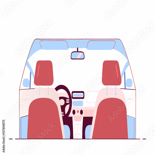 Interior view of a car, showing the dashboard and seats.