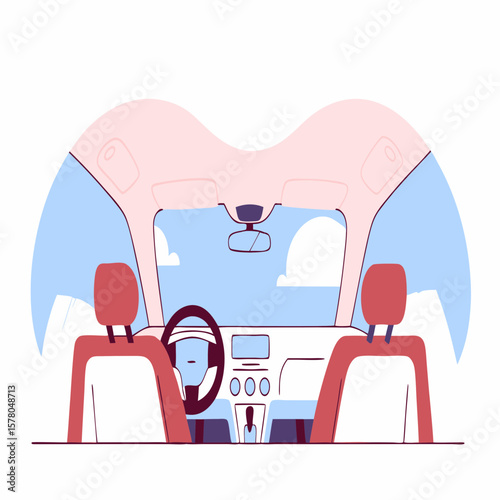 Interior view of a car, showing the dashboard and seats.