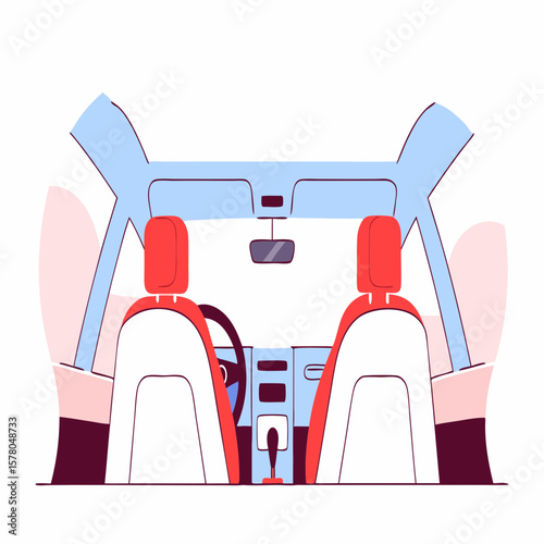 Interior view of a car, showing the dashboard and seats.