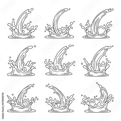 Set of nine splash water outline icons with dynamic movement