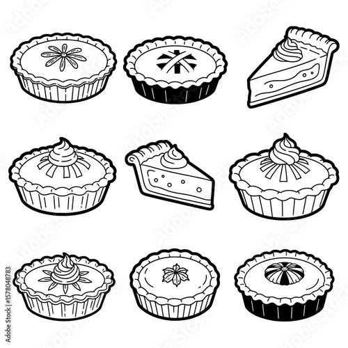 Set of pie and tart desserts with pastry crusts and fillings