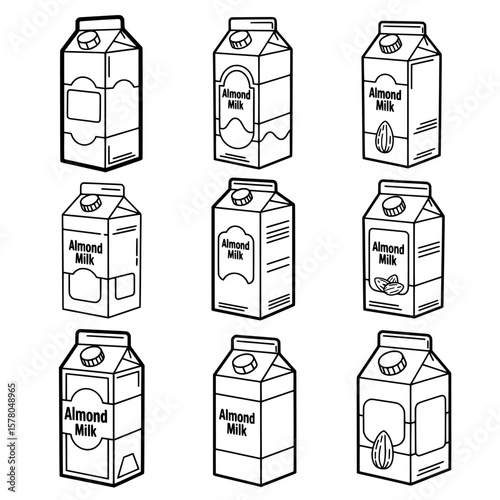 Set of almond milk cartons in outline style for packaging design