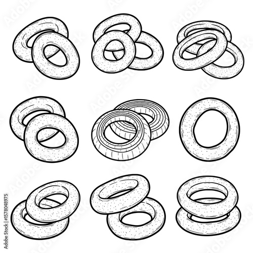 Pile of bagels with sesame seeds and holes for bakery or food packaging