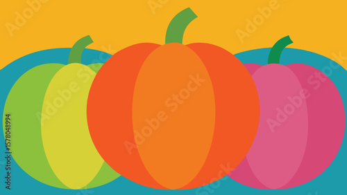 Colorful abstract pumpkins in a row with green stems on bright orange and blue background