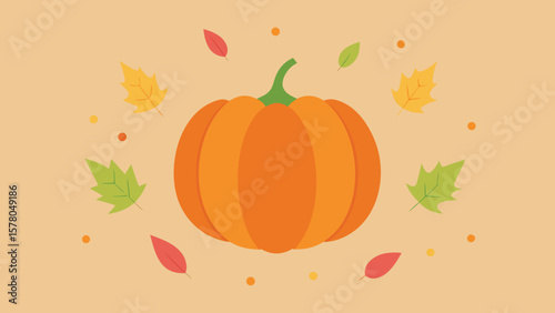 Colorful orange pumpkin with autumn leaves and dots on a warm beige background