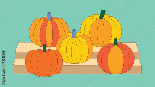Colorful pumpkins displayed on a wooden platform for fall season harvest celebration