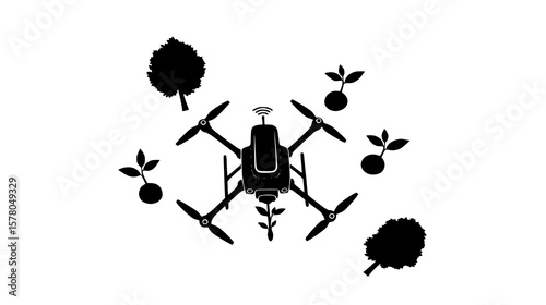 Farm drone delivers saplings for planting, a silhouette conveying innovation for environmental sustainability.