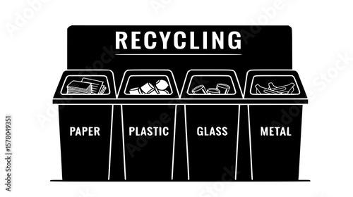 Distinct recycling containers for paper, plastic, glass, and metal promote waste reduction and environmental consciousness.