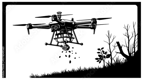 Agriculture drone seeding a field in black and white, showcasing modern farming technology for environmental conservation.