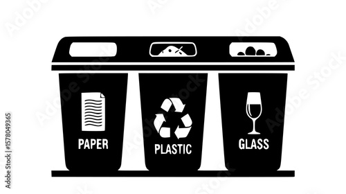 Isolated recycling bin showcases waste sorting for paper, plastic, and glass in a clear graphical depiction.