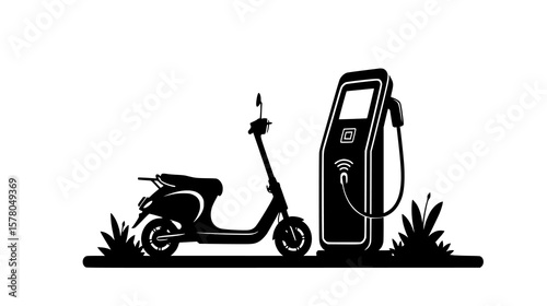 Modern transportation showcases an electric scooter charging at a sleek station for eco-friendly urban travel.