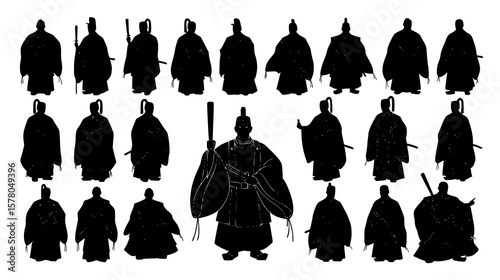An array of silhouetted samurai warriors, each a potent symbol of ancient Japan and its warrior traditions.