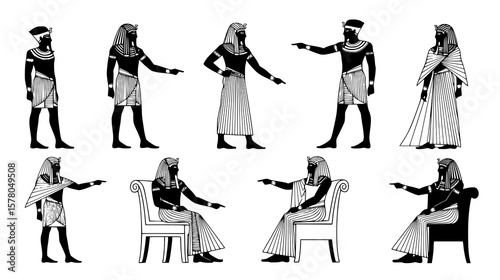 Ancient Egyptian figures depict historical poses and traditional garments in black and white art