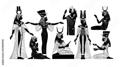 Elegant ancient Egyptian deities shown in detailed monochrome line art featuring various poses and traditional regal attire