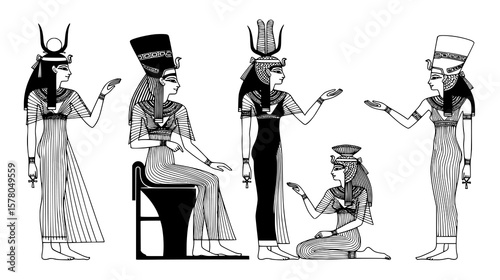 Egyptian goddesses adorn a monochrome design showcasing ancient mythology and historical illustration in a decorative ancient theme.