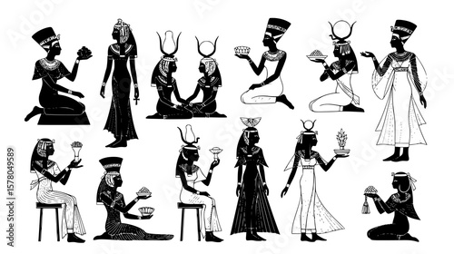 Egyptian goddesses silhouettes are depicted in a vintage style, showing ancient culture and classic history in black and white.
