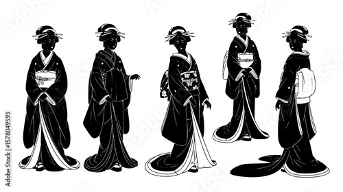 Five elegant geisha silhouettes showcase traditional Japanese kimono fashion in a stylish artistic representation.