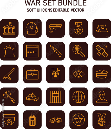 Illustrative war icons collection representing conflict and military themed vector assets for game development and