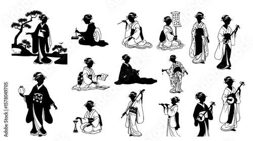 Black and white silhouette collection of geisha girls in different poses, showcasing Japanese culture and traditional elegance.