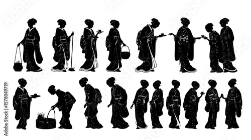 Elegant silhouettes of Japanese women showcase traditional attire in a vintage aesthetic style providing a captivating oriental charm.