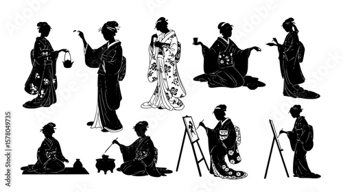 Diverse silhouettes showcase Japanese women in traditional kimonos engaged in various cultural activities.