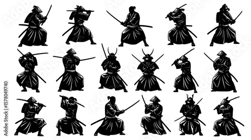 Samurai warriors show their ancient martial arts skills in stylized black and white poses using swords in an oriental display.
