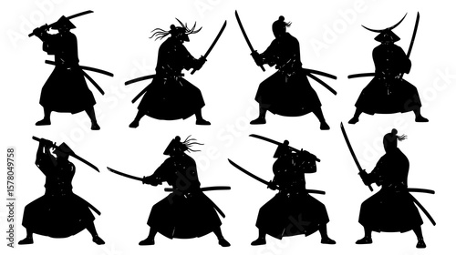 Silhouetted figures of Japanese samurai warriors in different stances evoke themes of martial arts and historic Asian culture.