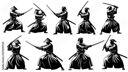 Graphic silhouettes present samurai warriors in various combat stances wielding katana swords, embodying discipline and martial arts traditions.