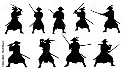 samurai, warrior, katana, sword, japanese, martial, arts, japan, combat, fighter, culture, asia, asian, war, traditional, black, white, monochrome, illustration, vector, silhouette, weapon, vintage, a