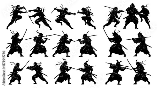 Dynamic ninja warrior silhouettes strike various poses with swords, showcasing martial arts and combat skills in a collection of vector graphics.