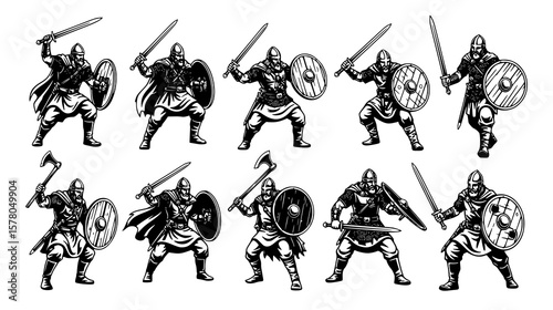 Line art illustration featuring heroic Norse warriors in various combat poses with swords, shields, and axes on a white backdrop