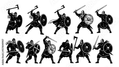 Diverse Viking warrior set displaying historical weapons and combat stances in a detailed monochrome illustration.