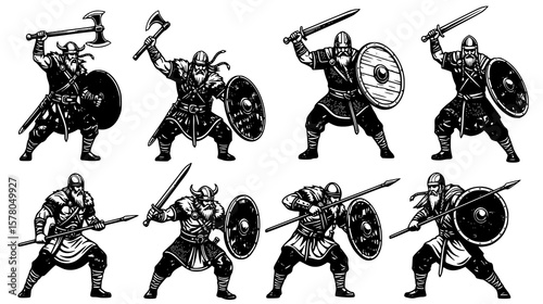 Diverse Viking warrior set displaying historical weapons and combat stances in a detailed monochrome illustration.